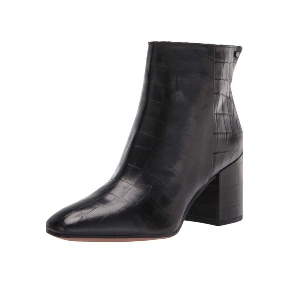 Franco Sarto Tina 2 Booties Black Leather Croc Embossed Block Heel Zip 8.5 - Picture 3 of 4